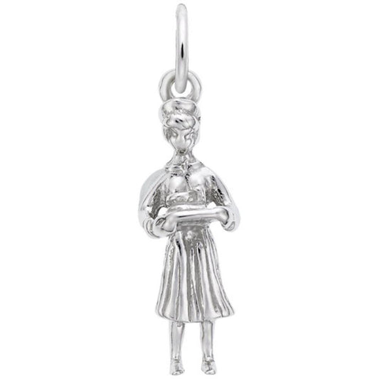 The Rembrandt Charms Nurse Charm is crafted from sterling silver and features an intricate design of a person in a skirt holding an open book. This charm also includes a loop at the top, making it perfect for attaching to a chain or bracelet.