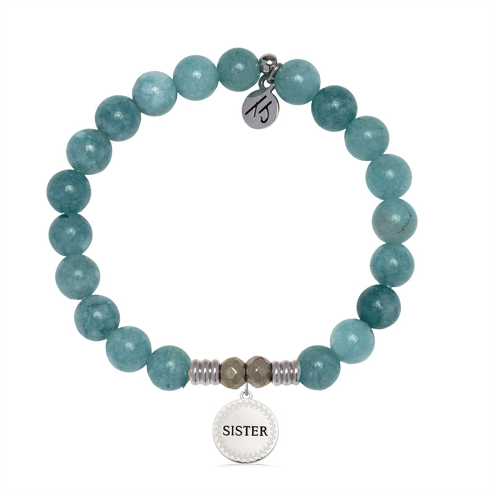 The T Jazelle Mountain Blue Jade Gemstone Bracelet with Endless Love Sister Sterling features round teal stones, silver accents, a "SISTER" charm, and an initial charm—a perfect gift displayed on a white background.