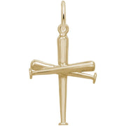 The image shows the Sterling Silver Baseball Bat Cross Charm from Rembrandt Charms. The charm is crafted in sterling silver and features a cross made from baseball bats. It measures 0.66 inches by 1 inch (16.7 mm x 25.38 mm) and has the style number 1891. This charm is a perfect keepsake for athletes and sports enthusiasts, symbolizing the intersection of faith and baseball.