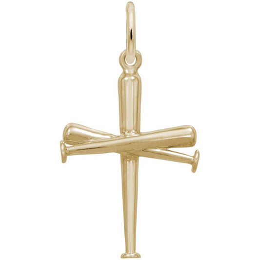 The image shows the Sterling Silver Baseball Bat Cross Charm from Rembrandt Charms. The charm is crafted in sterling silver and features a cross made from baseball bats. It measures 0.66 inches by 1 inch (16.7 mm x 25.38 mm) and has the style number 1891. This charm is a perfect keepsake for athletes and sports enthusiasts, symbolizing the intersection of faith and baseball.
