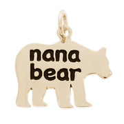 The Rembrandt Charms "Nana Bear Charm" is a gold-plated, bear-shaped pendant made of sterling silver, featuring the words "nana bear" inscribed in black across its body. The pendant includes a small loop at the top for easy attachment to a necklace or bracelet.