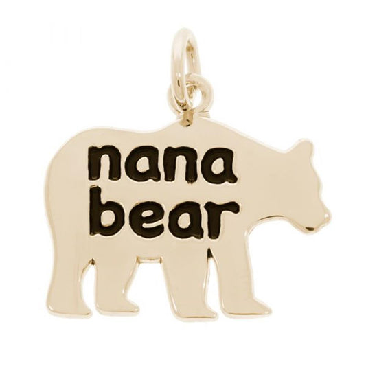 The Rembrandt Charms "Nana Bear Charm" is a gold-plated, bear-shaped pendant made of sterling silver, featuring the words "nana bear" inscribed in black across its body. The pendant includes a small loop at the top for easy attachment to a necklace or bracelet.