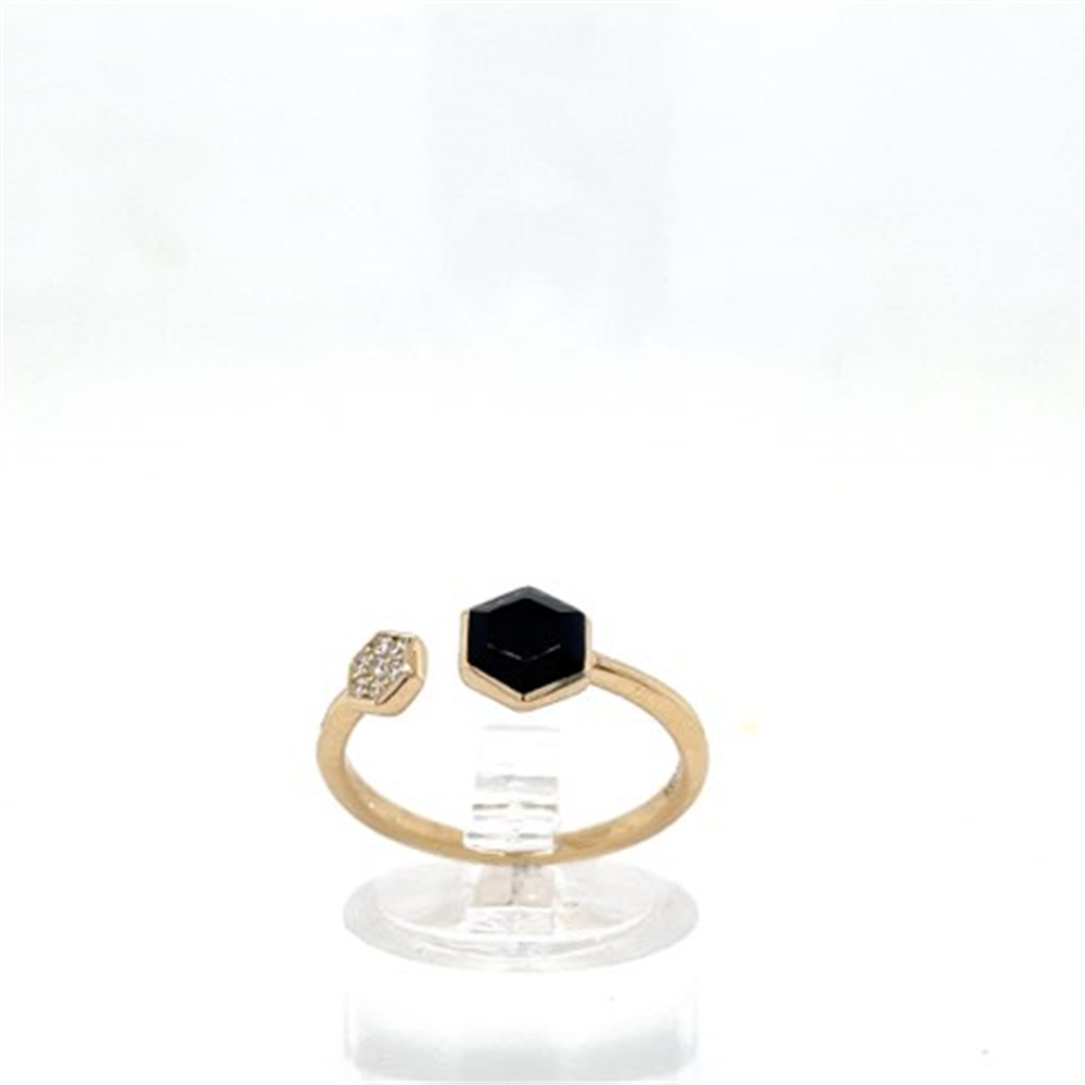 The Kabana 14K Ring w Onyx and Diamond open band Honeycomb in size 7.5 features a hexagonal black onyx and a diamond cluster displayed on a clear stand against a white background.