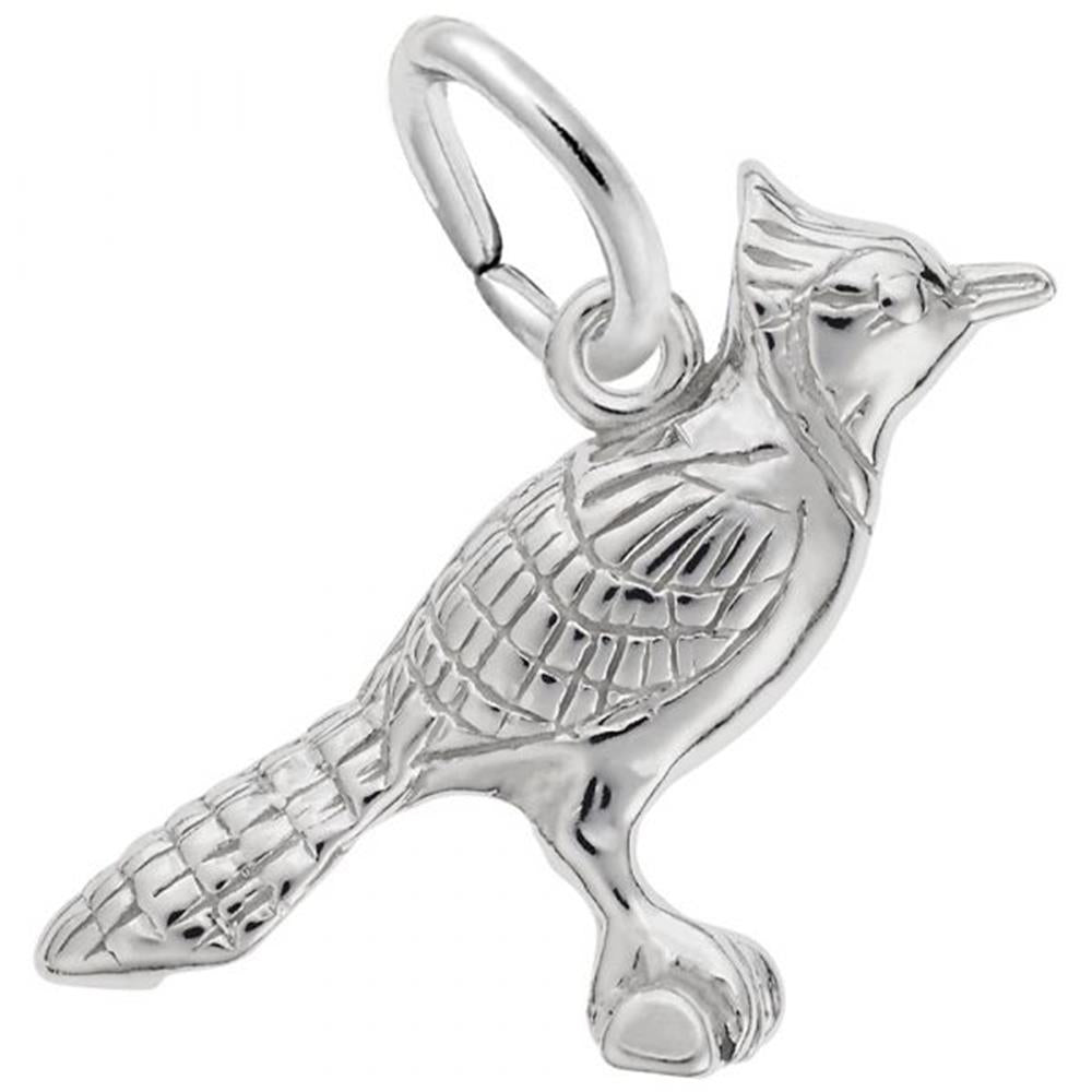 A 3D sterling silver charm pendant in the shape of a bird, featuring intricate detailing on its wings, feathers, and beak. The Blue Jay Bird 3D Charm in Sterling Silver by Rembrandt Charms is perched with its head slightly tilted upwards. The piece has a small loop for attaching to a chain or bracelet, perfect for adding to any charm collection.