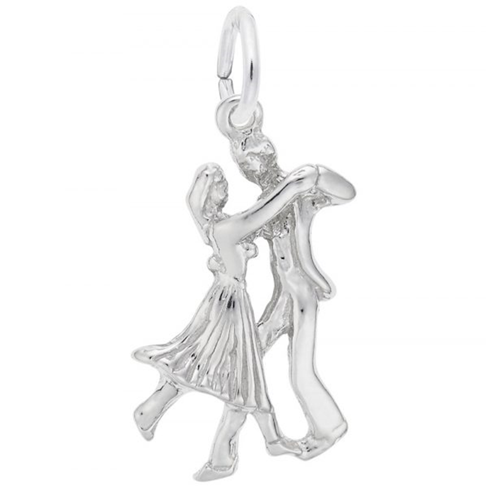 The Rembrandt Charms Dancers charm in sterling silver intricately depicts a dancing couple, with the woman in a flowing dress leaning slightly back, supported by the man dressed in trousers and a shirt. This charming piece beautifully captures the elegance and grace of their mid-dance moment.