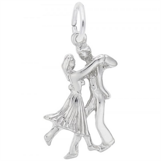 The Rembrandt Charms Dancers charm in sterling silver intricately depicts a dancing couple, with the woman in a flowing dress leaning slightly back, supported by the man dressed in trousers and a shirt. This charming piece beautifully captures the elegance and grace of their mid-dance moment.