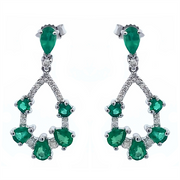 Ryan Gems' EW13544E features silver drop earrings with 1.58ct emeralds in pear and round shapes, accented by 0.22ct diamond-like stones in a teardrop pattern on white gold.
