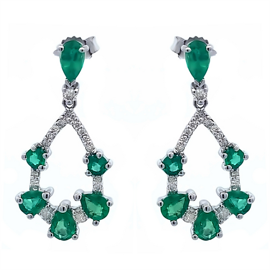 Ryan Gems' EW13544E features silver drop earrings with 1.58ct emeralds in pear and round shapes, accented by 0.22ct diamond-like stones in a teardrop pattern on white gold.