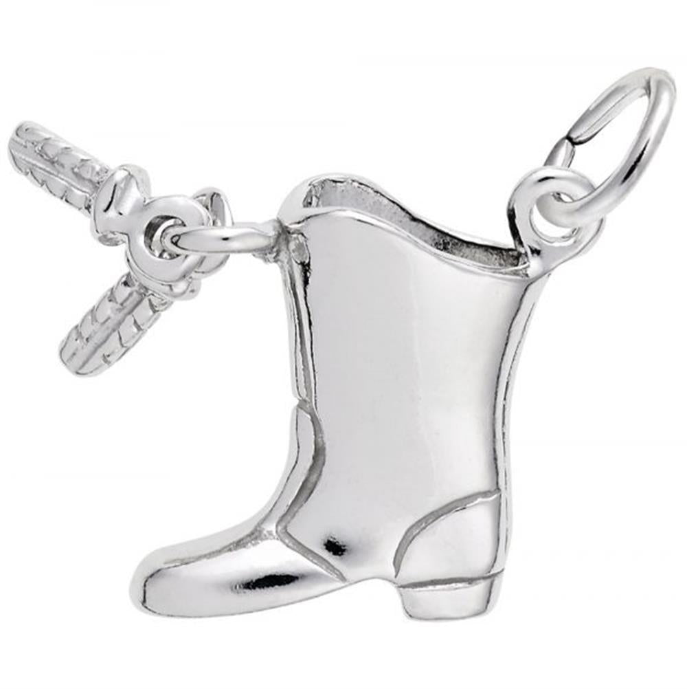 The Rembrandt Charms Drill Team Boot Charm in sterling silver is a beautifully crafted jewelry piece, intricately detailed in the shape of a cowboy boot. It includes a small loop for easy attachment to bracelets or necklaces and features an additional charm of two crossed feathers.