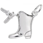 The Rembrandt Charms Drill Team Boot Charm in sterling silver is a beautifully crafted jewelry piece, intricately detailed in the shape of a cowboy boot. It includes a small loop for easy attachment to bracelets or necklaces and features an additional charm of two crossed feathers.