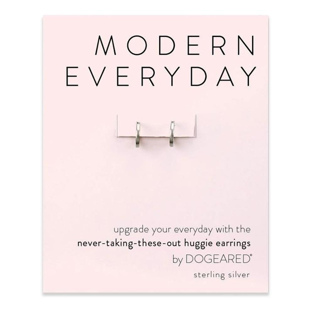 A product card with the heading "Modern Everyday - Earring SS" displays a pair of small, silver huggie earrings attached to the card. The text below reads, "Upgrade your everyday look with the never-taking-these-out huggie earrings by Dogeared.