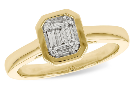 The Allison Kaufman 14k yellow gold diamond illusion ring features a rectangular cluster of baguette and round diamonds in a geometric bezel setting, complemented by a smooth polished band for modern elegance.