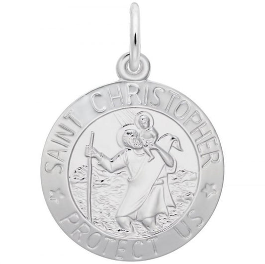The St. Christopher Charm by Rembrandt Charms is a round sterling silver pendant featuring an engraved image of Saint Christopher carrying a child on his shoulders and holding a staff, with the words "SAINT CHRISTOPHER PROTECT US" inscribed around the edge, epitomizing classic beauty.