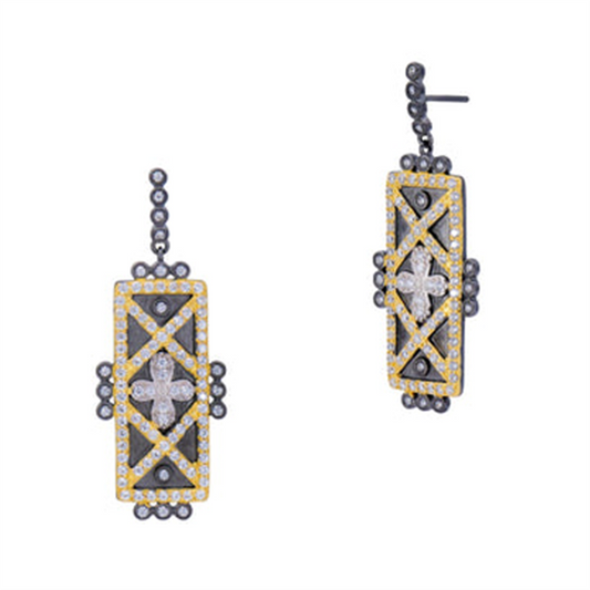 Freida Rothman TRZE020186B Geometric Stripe Clover Bar earrings feature rectangular black metal with yellow gold accents and diamond-like stones in cross patterns, offering a modern take on classic bar earrings. Displayed against a white background.