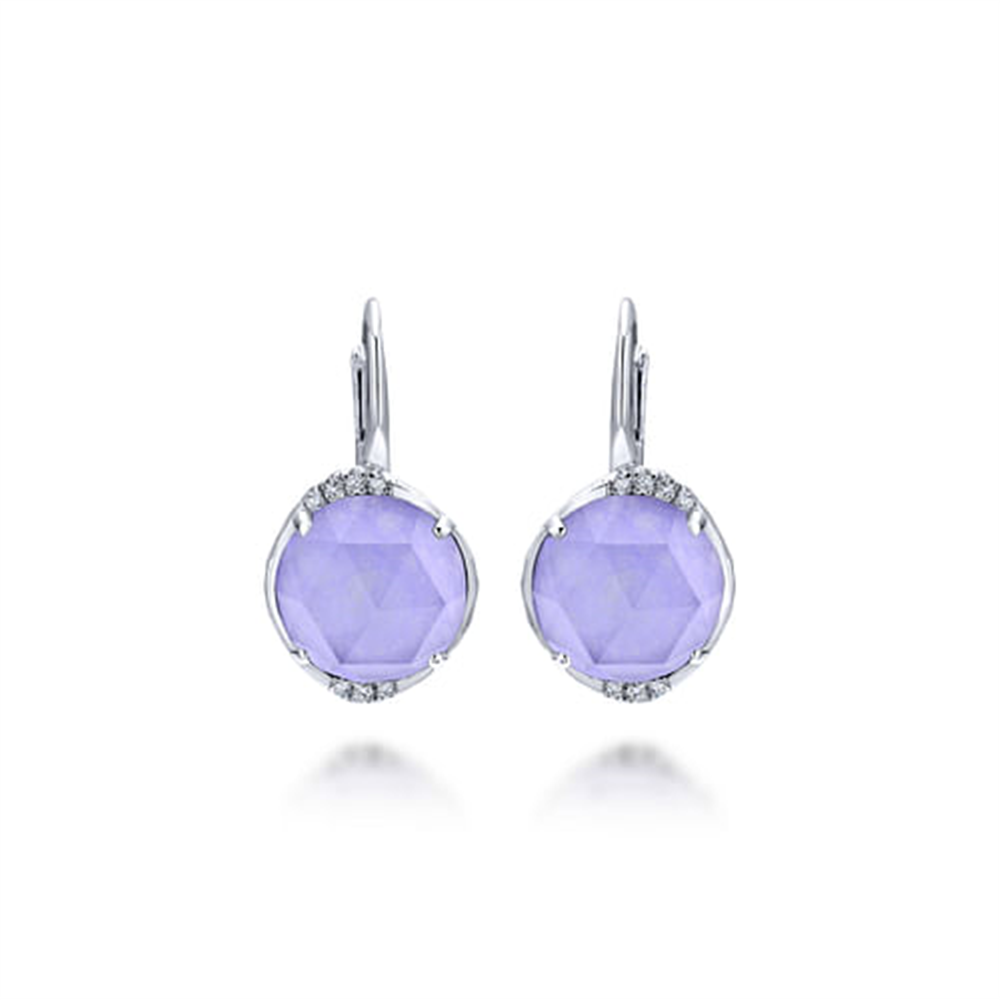 Discover the PURPLE JADE EARRINGS by Gabriel & Co, featuring elegant drop earrings adorned with round faceted lavender gemstones resembling Purple Jade. These beautiful stones are set in silver with a cluster of small white gemstones along the top edge, and are designed with lever-back closures to ensure secure wear.