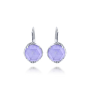 Discover the PURPLE JADE EARRINGS by Gabriel & Co, featuring elegant drop earrings adorned with round faceted lavender gemstones resembling Purple Jade. These beautiful stones are set in silver with a cluster of small white gemstones along the top edge, and are designed with lever-back closures to ensure secure wear.