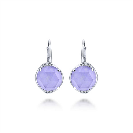 Discover the PURPLE JADE EARRINGS by Gabriel & Co, featuring elegant drop earrings adorned with round faceted lavender gemstones resembling Purple Jade. These beautiful stones are set in silver with a cluster of small white gemstones along the top edge, and are designed with lever-back closures to ensure secure wear.