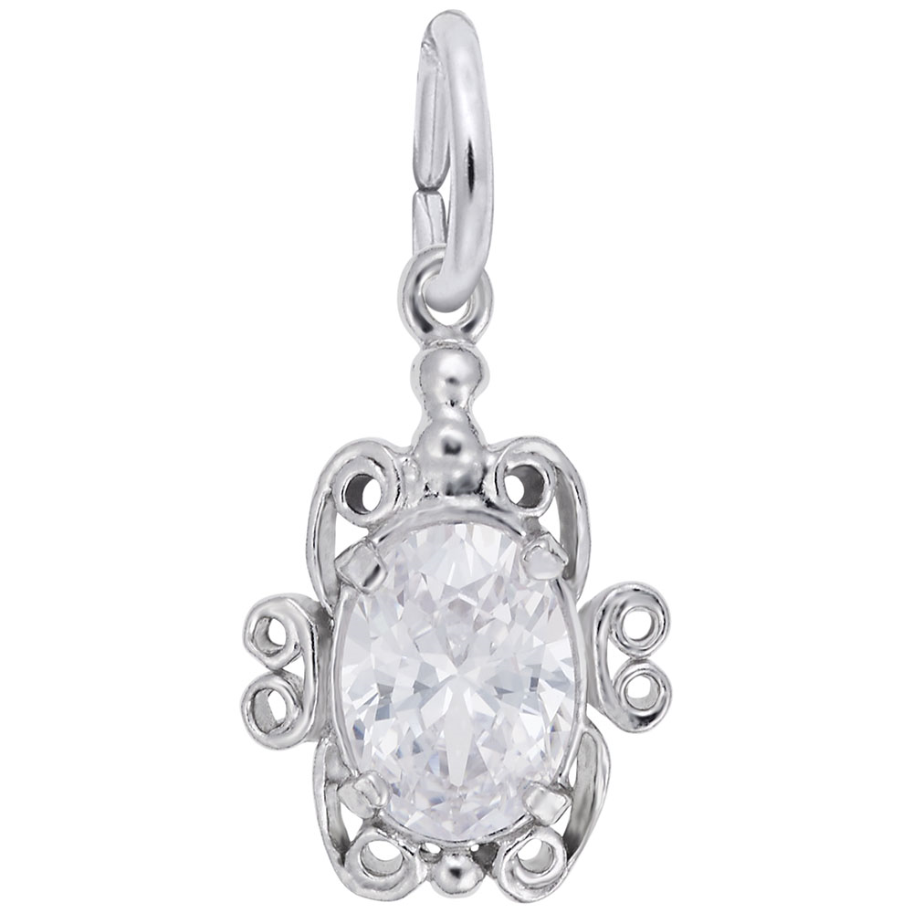 Rembrandt Charms’ Filigree Birthstone Charm (April) features an ornate sterling silver turtle pendant with intricate filigree detailing and a large faceted clear gemstone as the shell, elegantly representing April’s birthstone, and is finished with a round bail for easy attachment to a necklace or bracelet.
