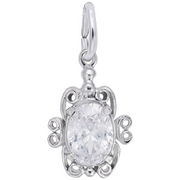 Rembrandt Charms’ Filigree Birthstone Charm (April) features an ornate sterling silver turtle pendant with intricate filigree detailing and a large faceted clear gemstone as the shell, elegantly representing April’s birthstone, and is finished with a round bail for easy attachment to a necklace or bracelet.