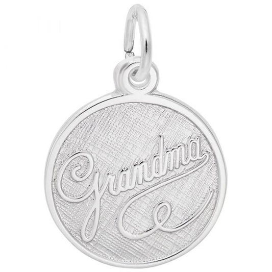 This endearing charm, known as the Grandma Disc Charm from Rembrandt Charms, is crafted from round sterling silver and boasts a textured background with "Grandma" elegantly engraved in cursive script at its center. Complete with a loop at the top for easy attachment to a chain, it makes an ideal keepsake for any cherished grandmother.