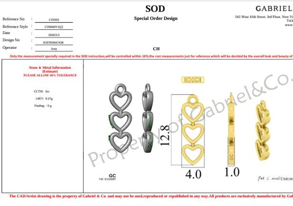 Gabriel & Co's 3 heart charm 14k gold design blueprint displays front, side, and top views with measurements: 12.8mm long, 4.0mm wide, and 1.0mm thick; text/specs are labeled around the detailed drawings.
