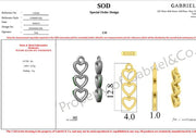 Gabriel & Co's 3 heart charm 14k gold design blueprint displays front, side, and top views with measurements: 12.8mm long, 4.0mm wide, and 1.0mm thick; text/specs are labeled around the detailed drawings.