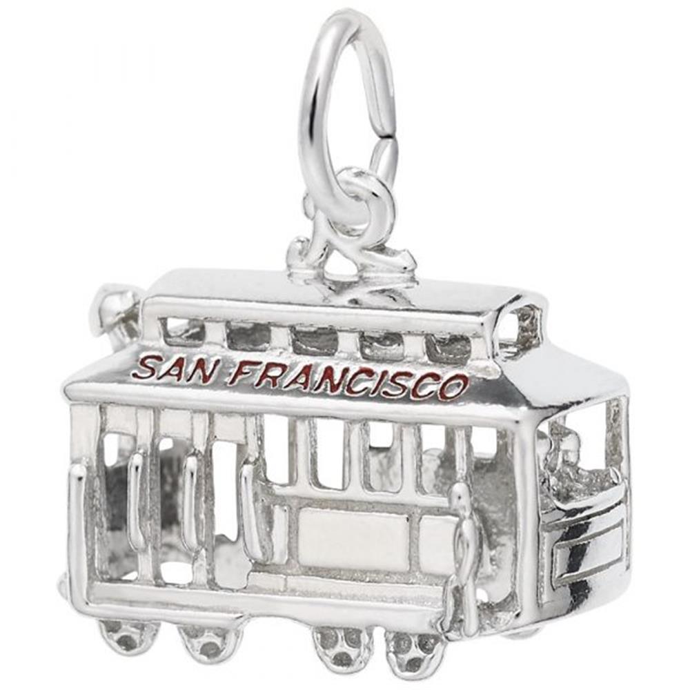 The Cable Car in San Francisco Charm by Rembrandt Charms is crafted from sterling silver and shaped like a San Francisco cable car. It features "SAN FRANCISCO" written in red lettering along the top, as well as detailed windows, wheels, and a loop at the top for easy attachment to a bracelet or necklace.