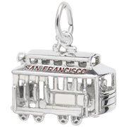 The Cable Car in San Francisco Charm by Rembrandt Charms is crafted from sterling silver and shaped like a San Francisco cable car. It features "SAN FRANCISCO" written in red lettering along the top, as well as detailed windows, wheels, and a loop at the top for easy attachment to a bracelet or necklace.