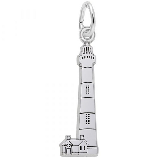 The Rembrandt Charms' Bodie ISL Lighthouse silver charm beautifully captures the essence of the lighthouse with a building at its base. Its intricate design and top loop make it ideal for bracelets or necklaces, adding coastal elegance to any collection.