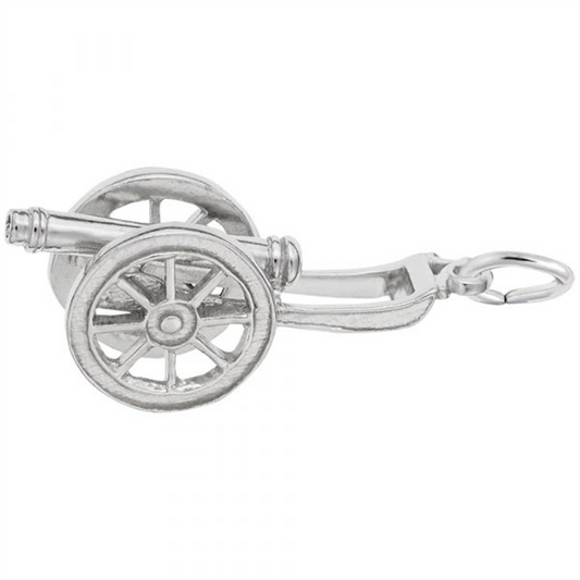 The Rembrandt Charms Cannon - Sterling Silver Charm is a detailed keychain featuring a miniature cannon with intricate wheels and barrel, elegantly attached to a circular keyring.
