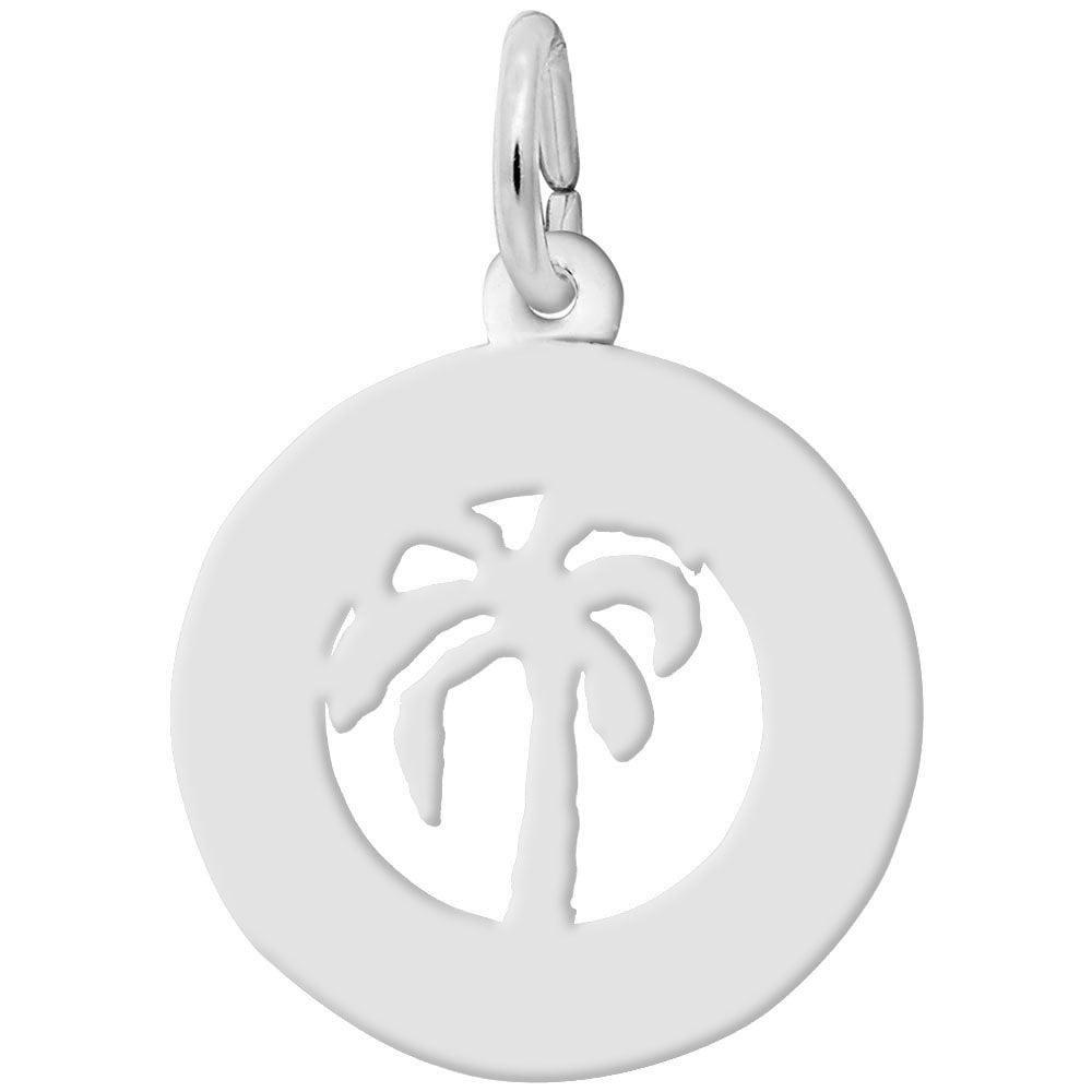 The Florida Palm Tree Ring Charm in Sterling Silver by Rembrandt Charms features a cut-out silhouette of a palm tree in the center. Complete with a small loop at the top, this exquisite piece is perfect for attaching to a necklace or bracelet.