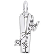 The Rembrandt Charms Skis Flat Charm in sterling silver features finely detailed flat skis crossed with ski poles, complete with defined edges and circular baskets at the ends of the poles. It also includes a small circular loop at the top for easy attachment to a chain.