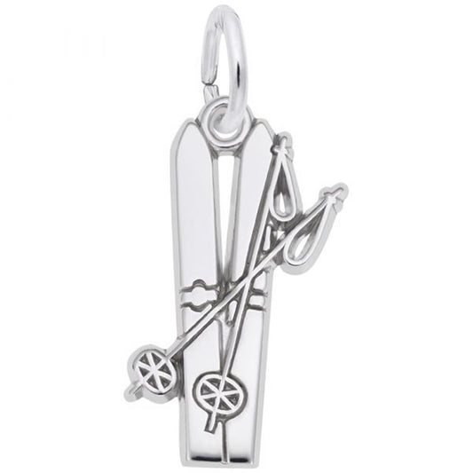 The Rembrandt Charms Skis Flat Charm in sterling silver features finely detailed flat skis crossed with ski poles, complete with defined edges and circular baskets at the ends of the poles. It also includes a small circular loop at the top for easy attachment to a chain.