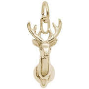 The Deer Head Charm from Rembrandt Charms is a gold-plated sterling silver pendant featuring a stylized, minimalistic deer head with prominent antlers. The smooth, polished surfaces of the deer are complemented by a convenient loop at the top for easy attachment to a chain.