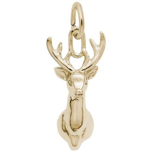 The Deer Head Charm from Rembrandt Charms is a gold-plated sterling silver pendant featuring a stylized, minimalistic deer head with prominent antlers. The smooth, polished surfaces of the deer are complemented by a convenient loop at the top for easy attachment to a chain.