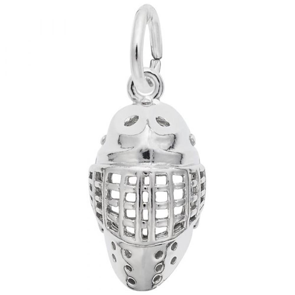 A detailed image of the Sterling Silver Hockey Goalie Mask Charm by Rembrandt Charms. This charm features an intricately detailed hockey goalie mask, measuring 0.02 inches by 0.22 inches (0.62 mm by 5.53 mm). The charm has a polished sterling silver finish, perfect for adding a touch of sporty elegance to any charm bracelet or necklace. Style number 3506.