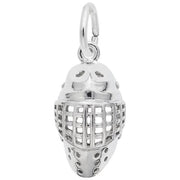A detailed image of the Sterling Silver Hockey Goalie Mask Charm by Rembrandt Charms. This charm features an intricately detailed hockey goalie mask, measuring 0.02 inches by 0.22 inches (0.62 mm by 5.53 mm). The charm has a polished sterling silver finish, perfect for adding a touch of sporty elegance to any charm bracelet or necklace. Style number 3506.