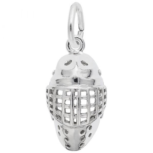 A detailed image of the Sterling Silver Hockey Goalie Mask Charm by Rembrandt Charms. This charm features an intricately detailed hockey goalie mask, measuring 0.02 inches by 0.22 inches (0.62 mm by 5.53 mm). The charm has a polished sterling silver finish, perfect for adding a touch of sporty elegance to any charm bracelet or necklace. Style number 3506.