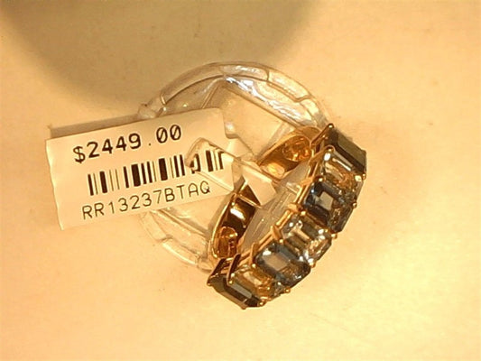 A 14k rose gold ring by Ryan Gems, size 6.75, featuring London Blue Topaz and Aquamarine stones, is shown with a $2449.00 price tag and a barcode.