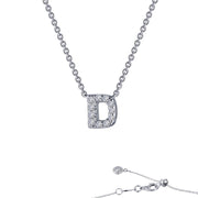 The **Letter D Pendant Necklace** by **Lafonn** showcases a sterling silver necklace featuring a Letter D pendant encrusted with small, sparkling simulated diamonds. The chain includes a clasp with additional adjustable links and is finished with a small circular charm at the end. The necklace is elegantly displayed on a white background.