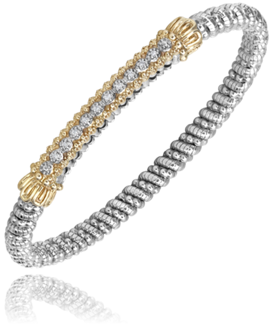The Alwand Vahan Jewelry 4mm Closed Band Bracelet in sterling silver showcases intricate 14K yellow gold accents and 0.10CT diamond embellishments on the top section. The gold accents feature two rows of small white gems set in a decorative pattern, complementing the bracelet's flexible and elegant design.