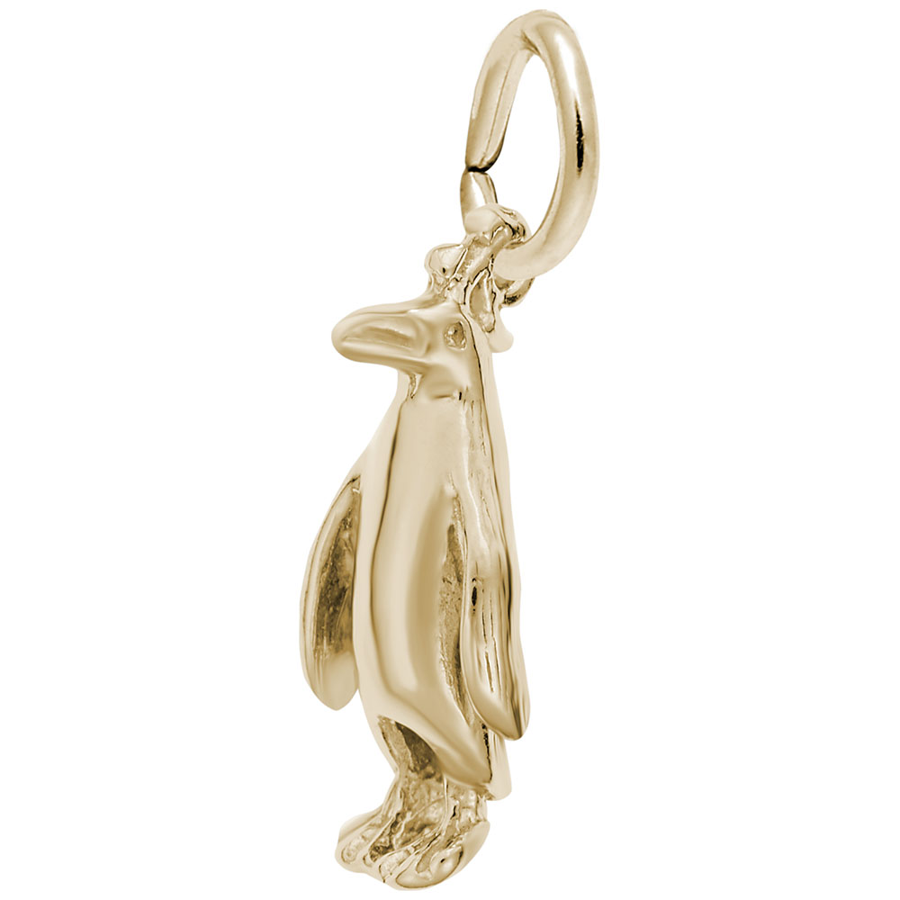 The Rembrandt Charms Penguin - Gold Plated Charm features a standing penguin with a top loop, ideal for adding unique penguin jewelry to your collection. Shown against a white background.
