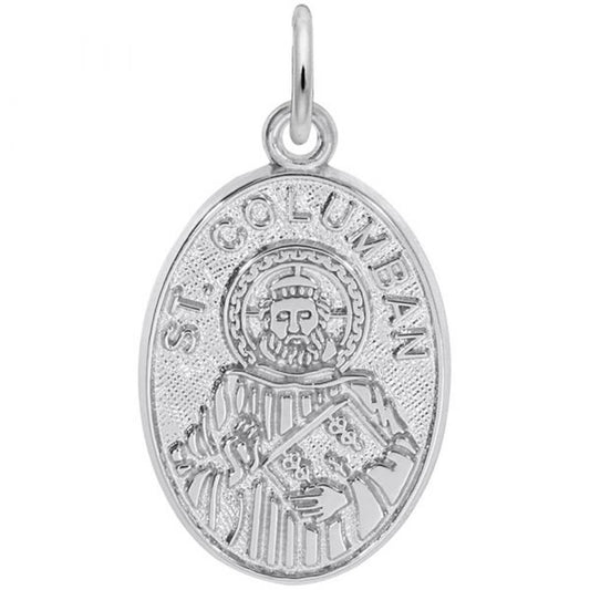 The St. Columban Charm by Rembrandt Charms is an oval-shaped, sterling silver pendant featuring an engraving of Saint Columban holding a book and dressed in a robe. It has a small loop at the top for attaching to a necklace and bears the words "ST. COLUMBAN" engraved around the figure.