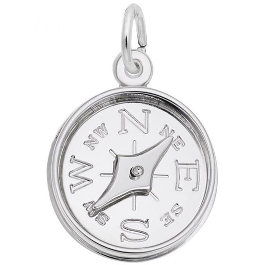 The Rembrandt Charms Compass with Needle Charm in sterling silver features engraved cardinal directions and a movable pointer, ideal as a pendant for necklaces or bracelets.