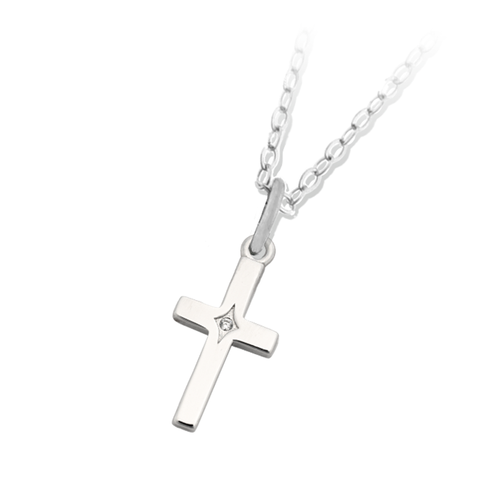 The T Jazelle Cross CZ Sterling Silver Charm Necklace features a cross sterling silver charm with a center CZ on an adjustable chain, displayed against a light gray background.