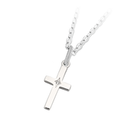 The T Jazelle Cross CZ Sterling Silver Charm Necklace features a cross sterling silver charm with a center CZ on an adjustable chain, displayed against a light gray background.