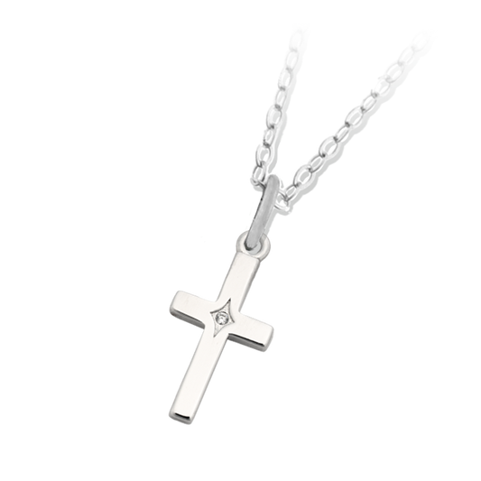 The T Jazelle Cross CZ Sterling Silver Charm Necklace features a cross sterling silver charm with a center CZ on an adjustable chain, displayed against a light gray background.