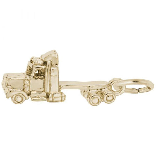 The Rembrandt Charms Semi Truck Cab Charm in gold-plated sterling silver boasts intricate detailing of the truck cab and trailer. It includes a small loop for easy attachment to a bracelet or necklace, and its polished, shiny finish enhances its overall appearance.