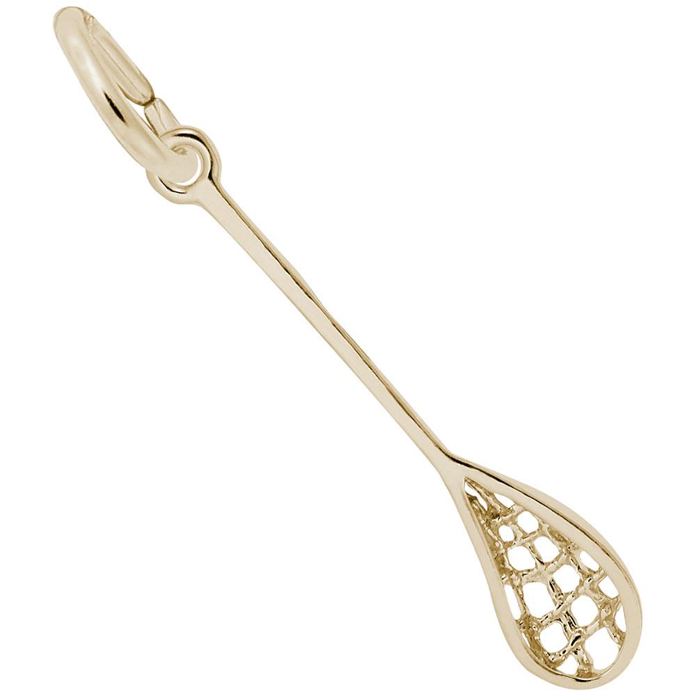 A gold-plated sterling silver lacrosse stick charm by Rembrandt Charms, featuring a long, sleek handle and a netted head, designed to be attached to a bracelet or necklace.
