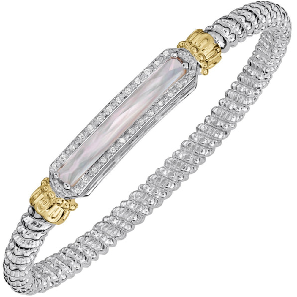 The 4mm Diamond and Mother of Pearl Bar Bangle Bracelet by Alwand Vahan Jewelry features a rectangular, iridescent mother of pearl center stone framed by small diamonds and gold accents at each end, set on a textured 4mm silver bangle band.